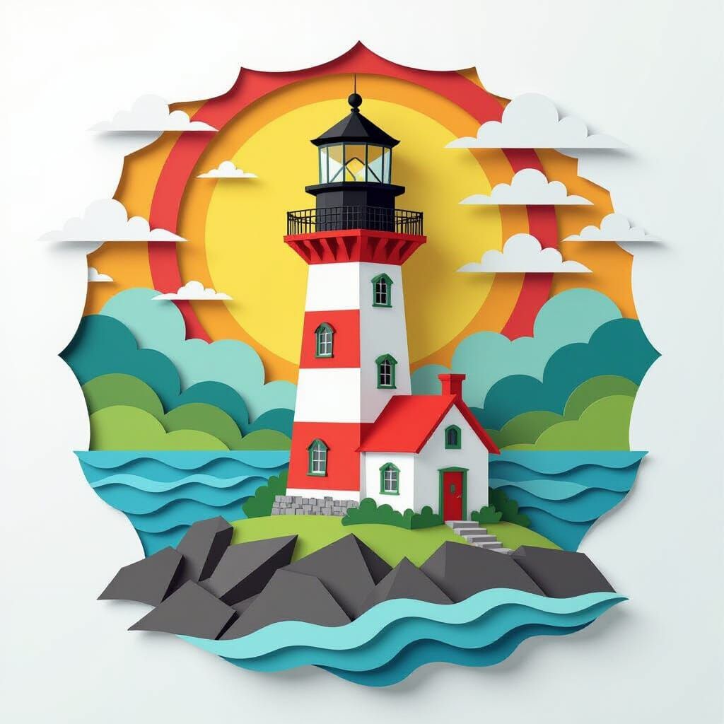 Intricate Paper Lighthouse Seascape Collage