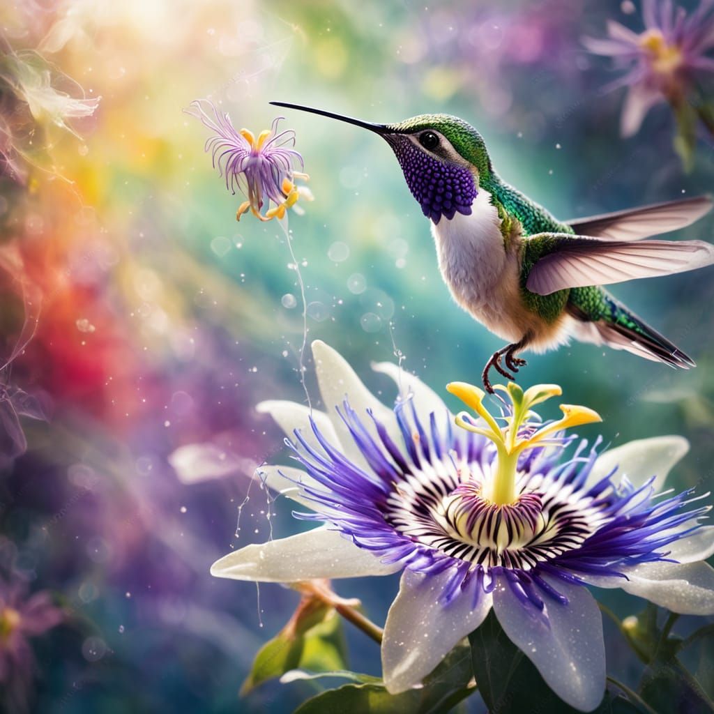 Vibrant Hummingbird in Whispy Fantasy Landscape