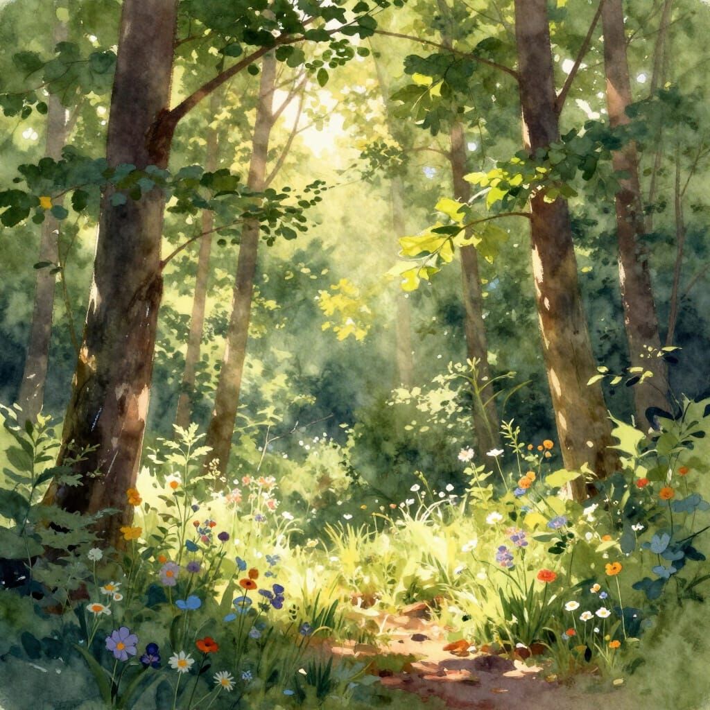 Lush Forest Sunlight Dappled Wildflowers Watercolor
