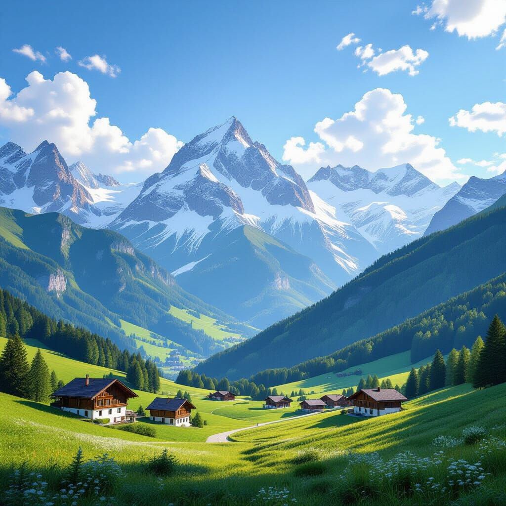Majestic Swiss Alps Panorama in Hyperrealistic Digital Paint...