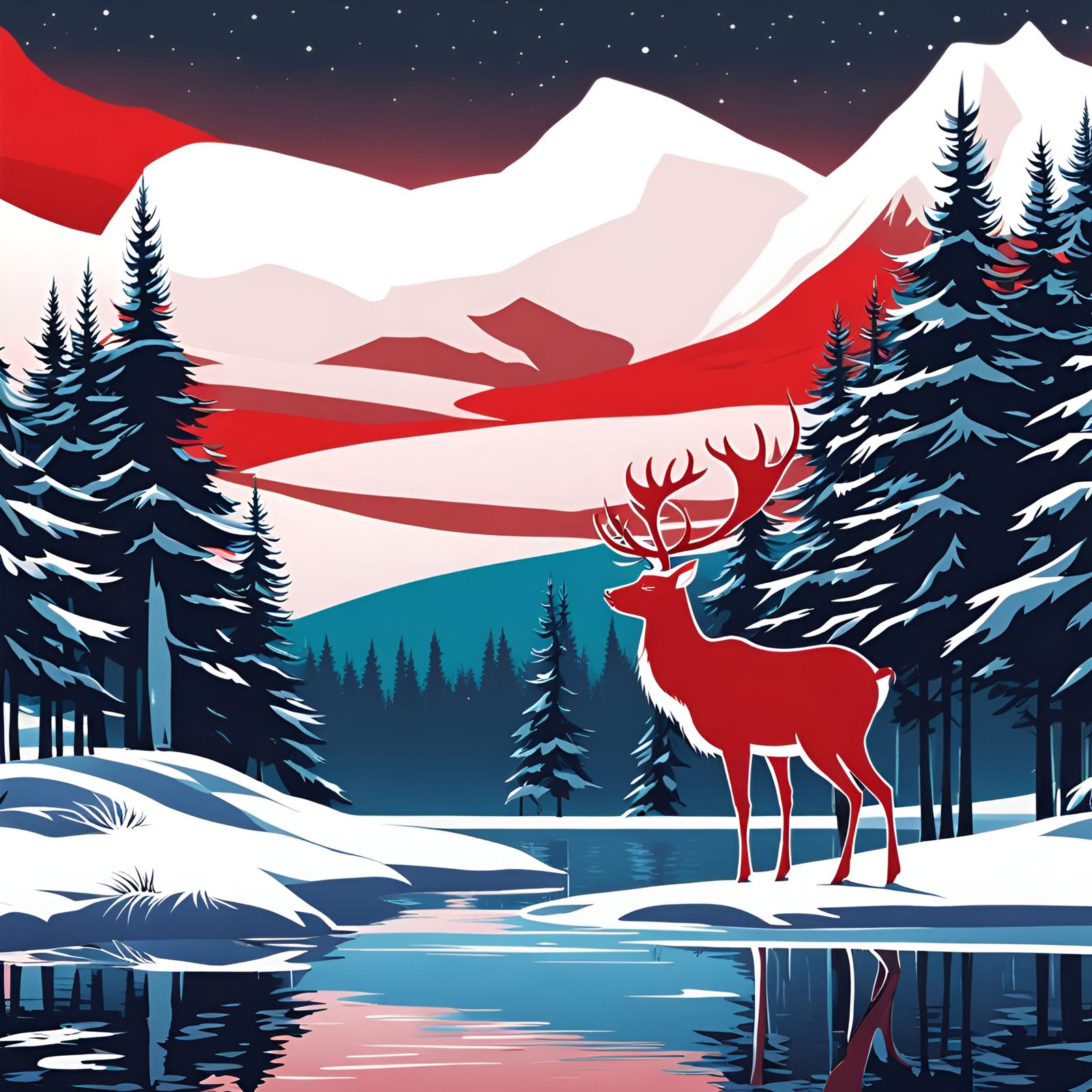 Christmas Reindeer in Anime Style Forest