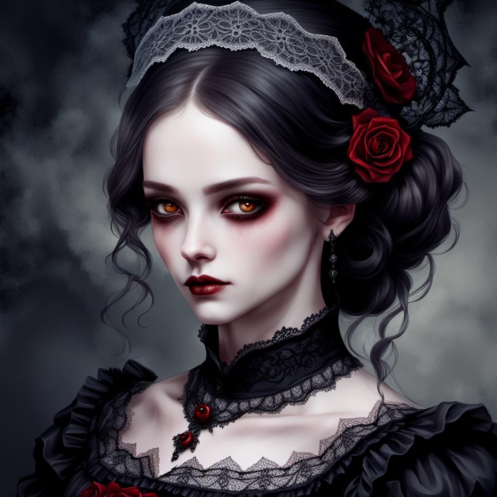 Gothic Vampire Lady in Dark Victorian-Era Gown