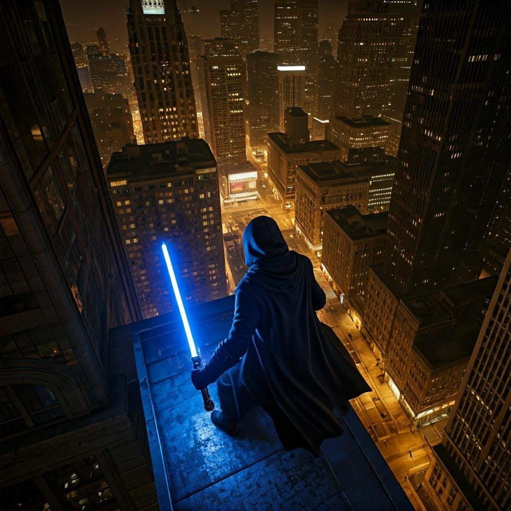 Lightsaber Duel Over Chicago Rooftop at Night
