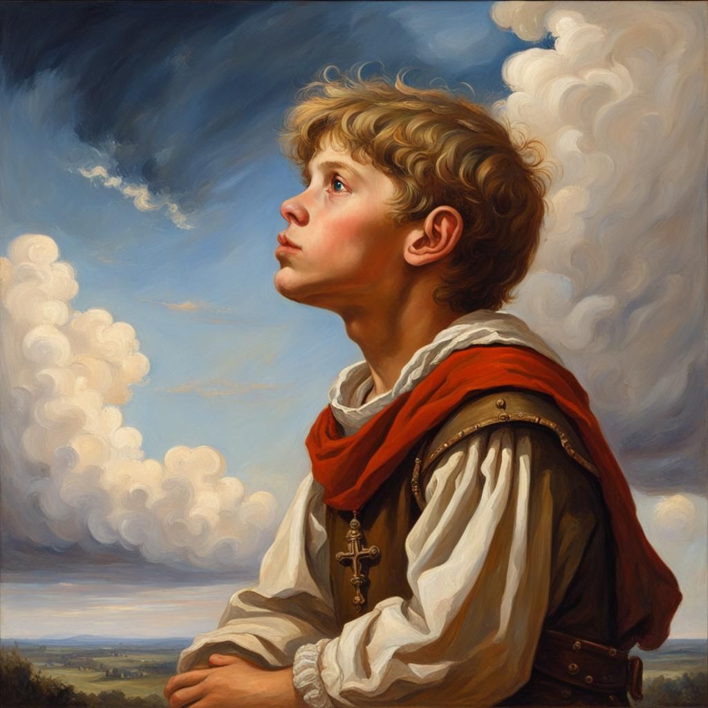 Innocent Peasant Boy Looks to Sky as Oil Painting