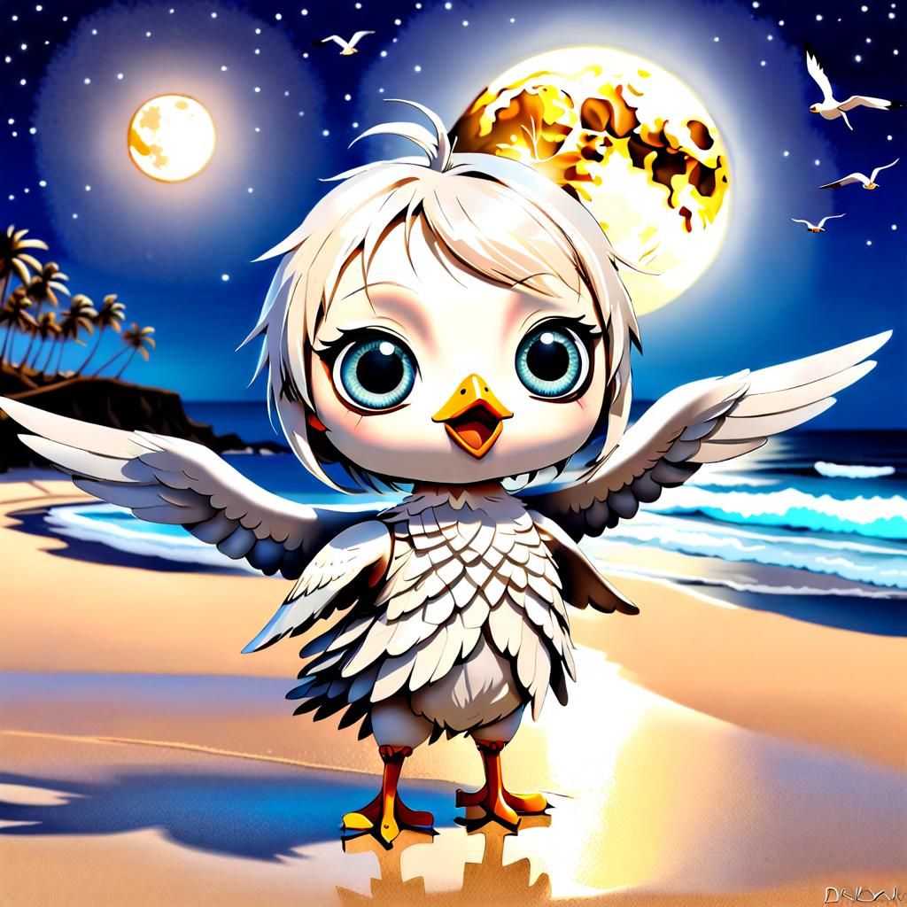 Glowing Chibi Seagull Monster on Sandy Beach