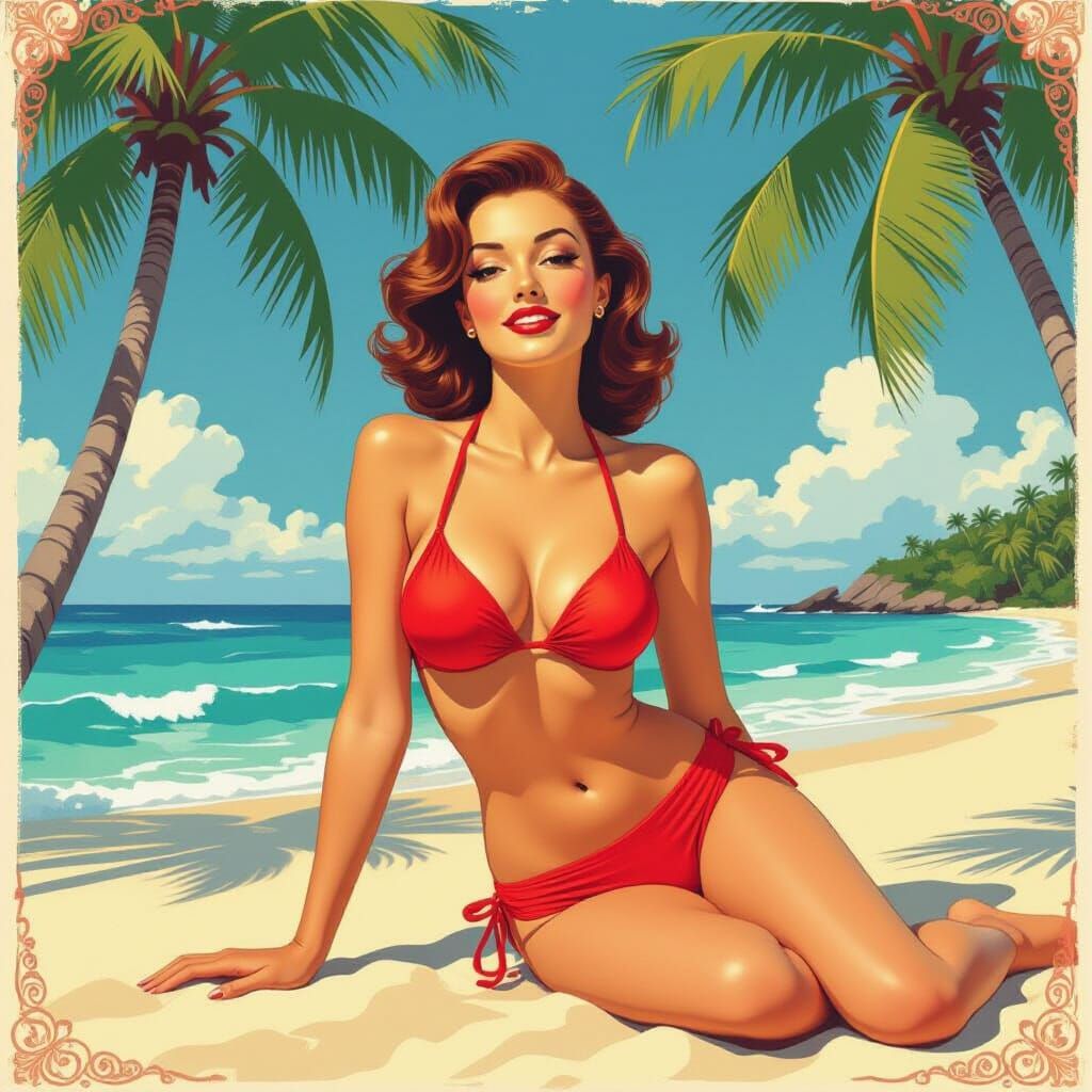 Retro Pin-Up Girl on Tropical Beach