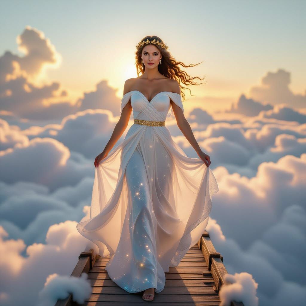 Athena in Starlight Gown on Cloud Bridge