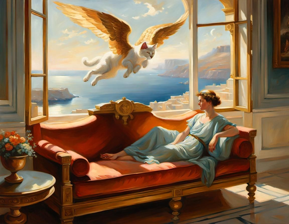 Ancient Greek Living Room with Flying Cat, Oil Painting