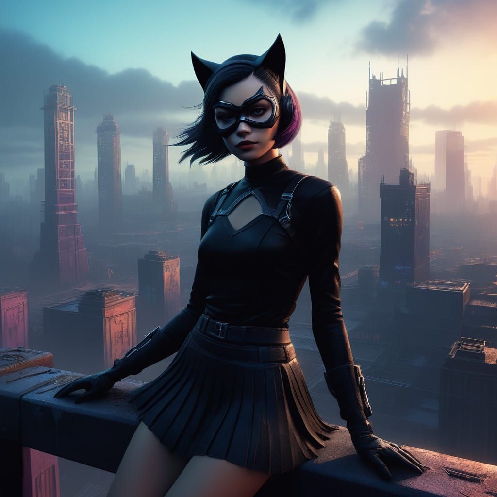 Cosmic Catwoman in Neon Metropolis