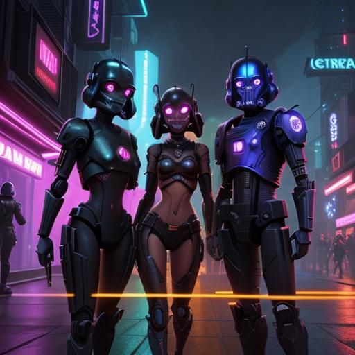 Smiling Droids in a Neon Cityscape, Digital Art