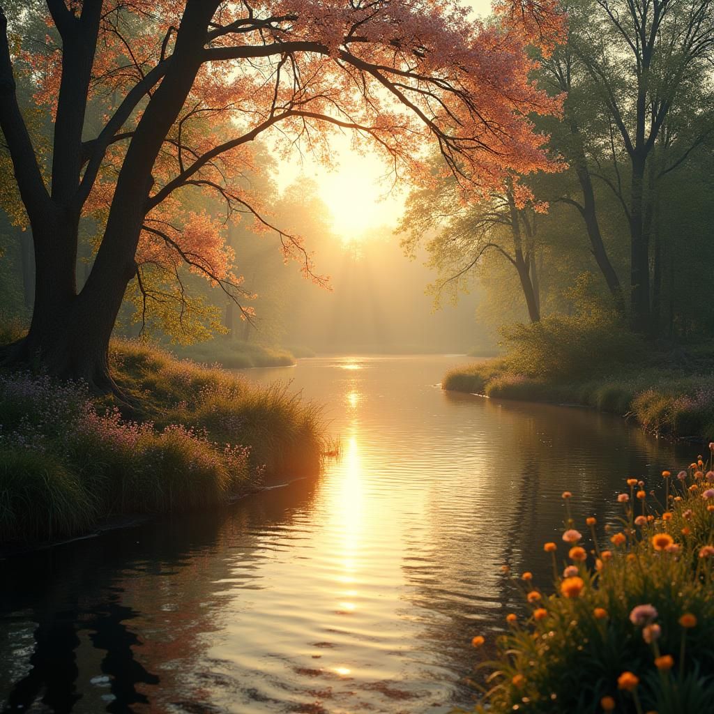 Sunrise over Lake with Flowering Trees