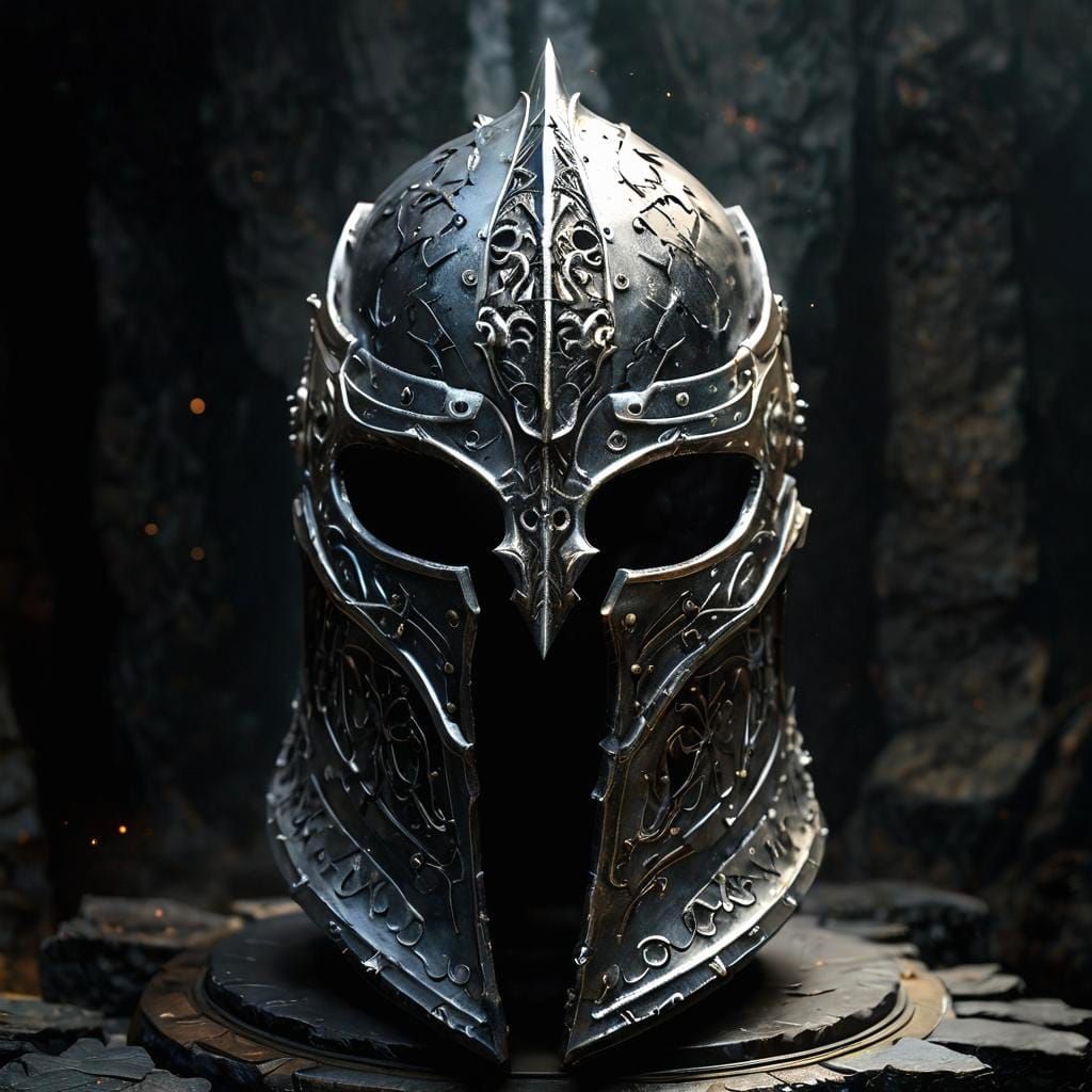 Onyx Battle Helm with Runes, Hyperrealistic Fantasy Art
