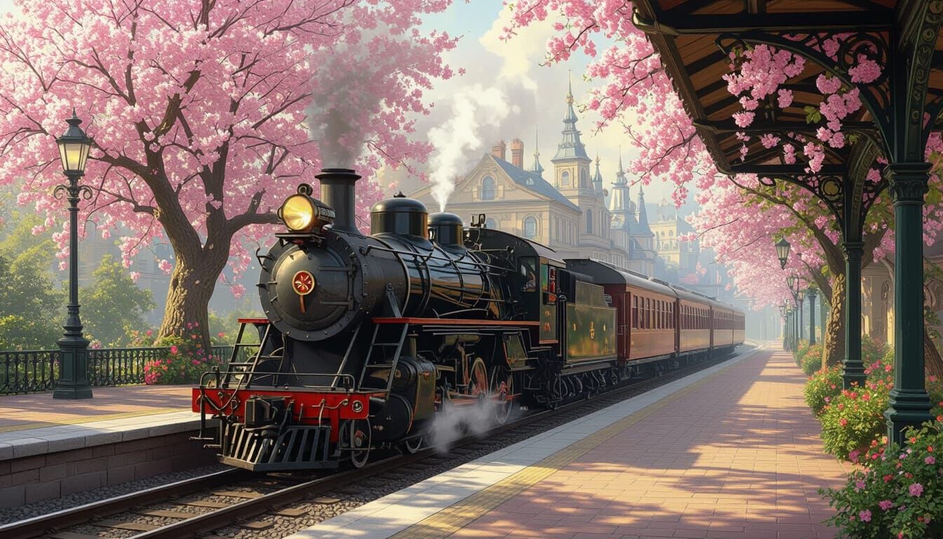 Rococo Train Station Oil Painting with Flowering Trees