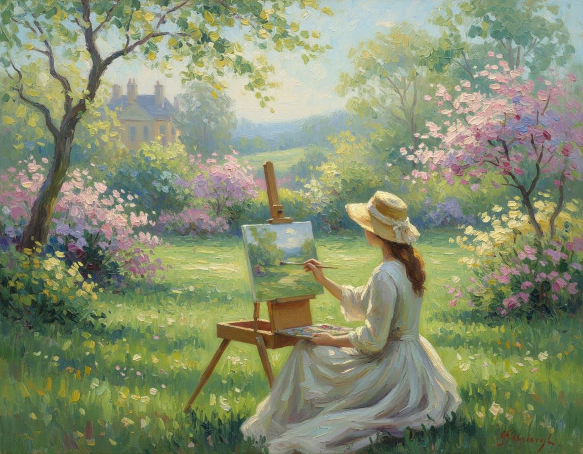 Impressionist Painting of Artist in Spring Garden