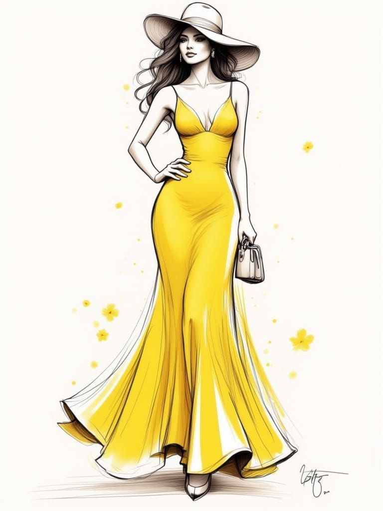 Fashion Illustration of Woman in Yellow Dress