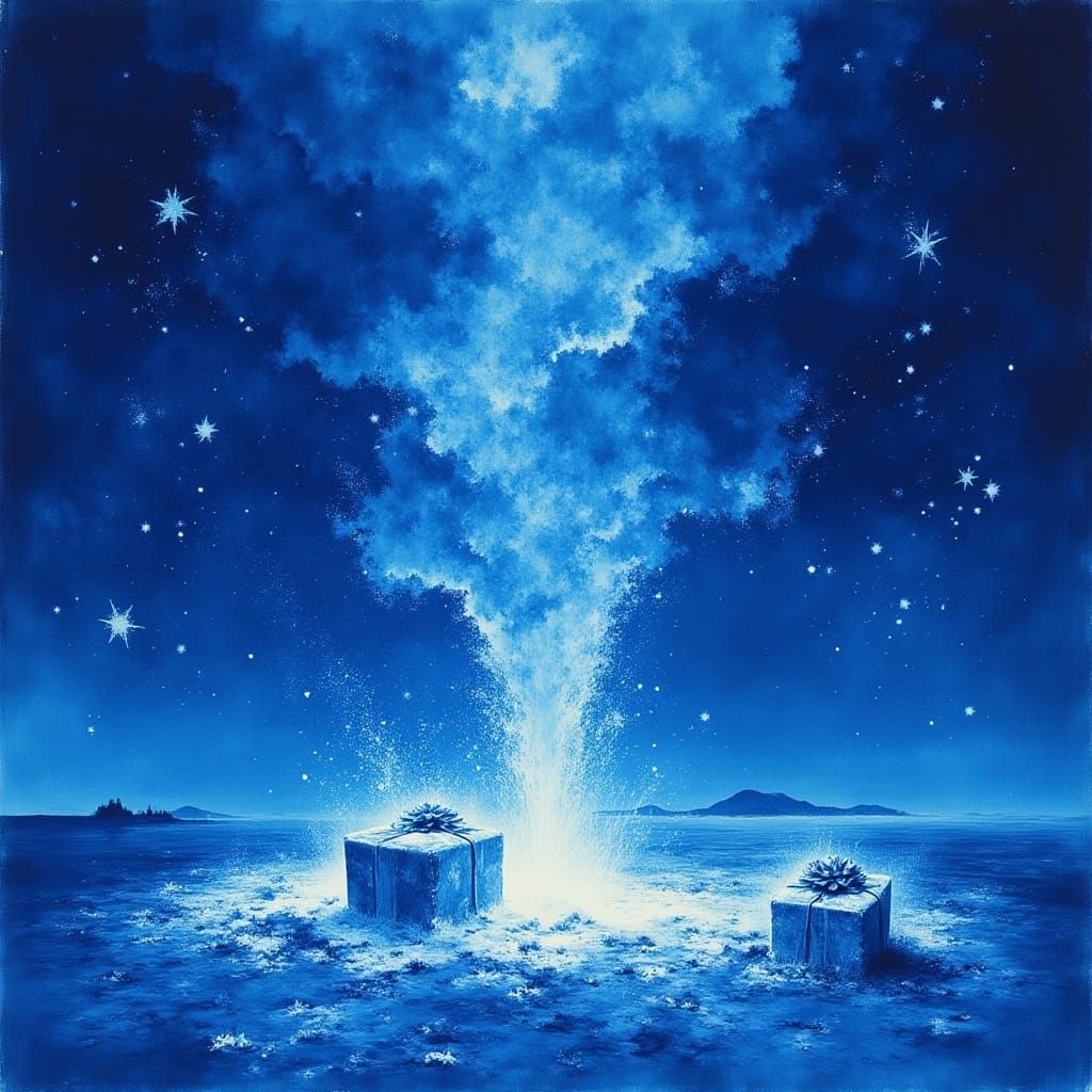 Blue Vortex of Snow, Rain, and Gifts in Dreamlike Style