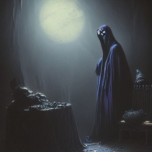 Eerie Cloaked Figures Around a Cauldron