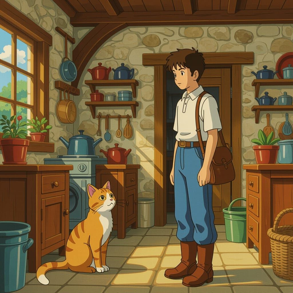 Distraught Alex and Booted Cat in Animated Style