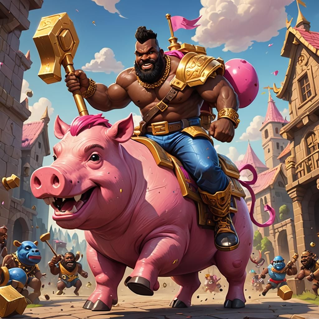 2d cartoon art art, black man with mr. T haircut and no shirt riding a giant pink pig, holding a golden hammer like clas...