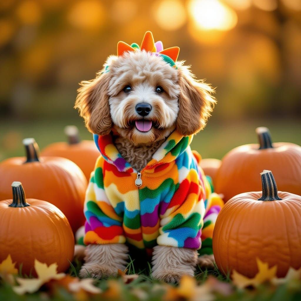 Golden Doodle in Dinosaur Costume Autumn Photo