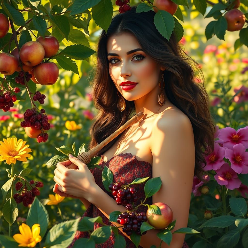 Beautiful Woman in Garden, Digital Art Nouveau Style