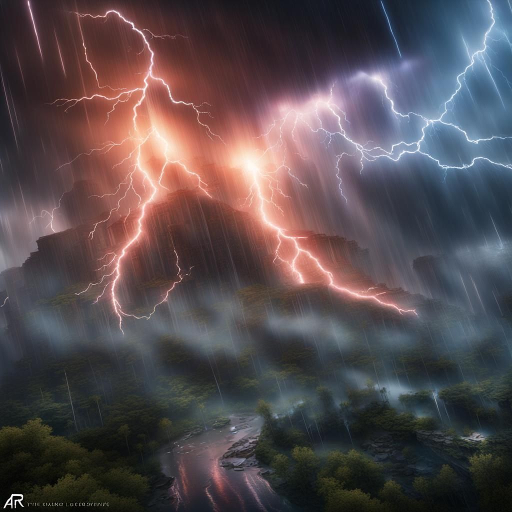 Rayleigh scattering equation representaion of a "laser beam" in a  thunder storm detailed matte painting, deep color, fa...