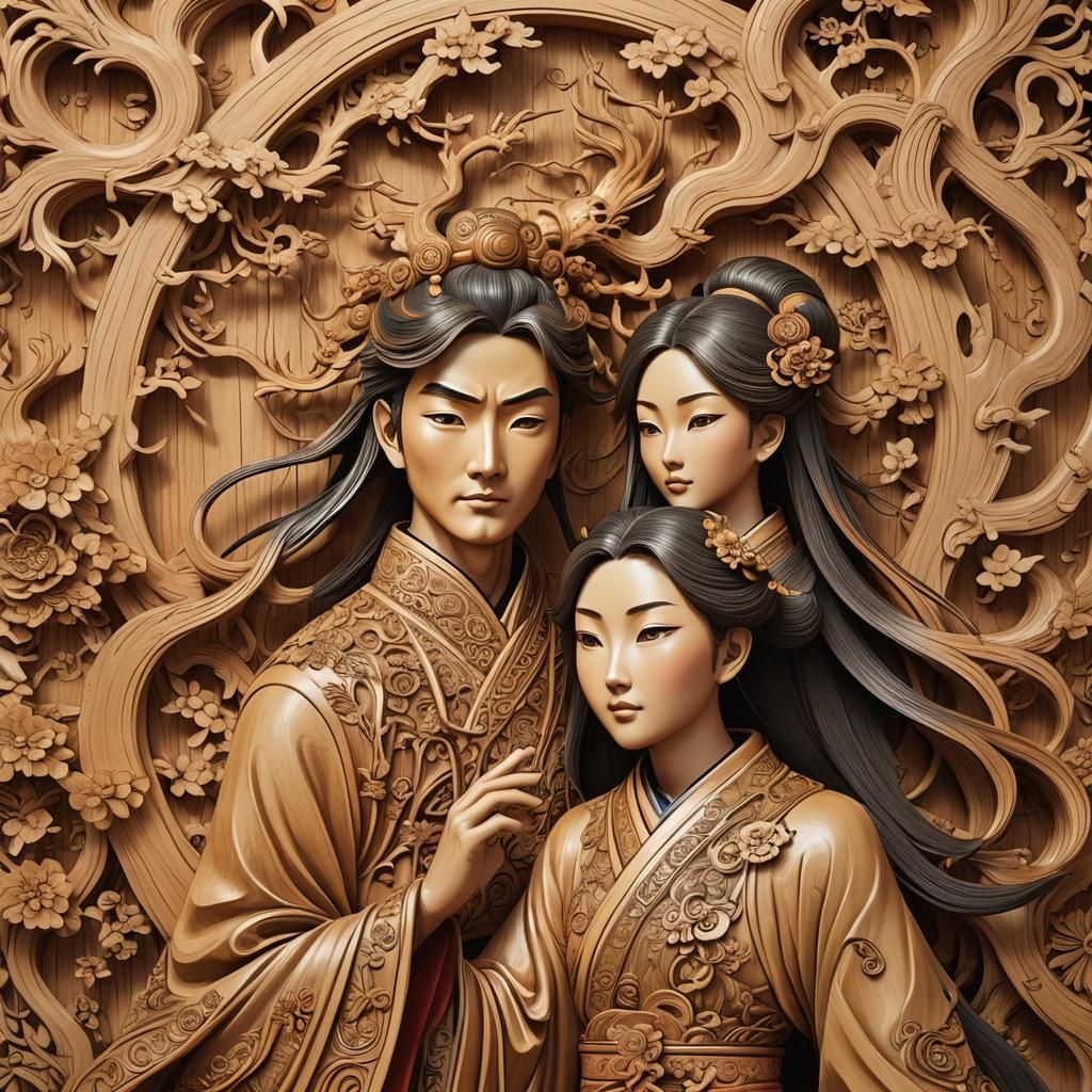 Chinese Wood Carving Anime Style Digital Art