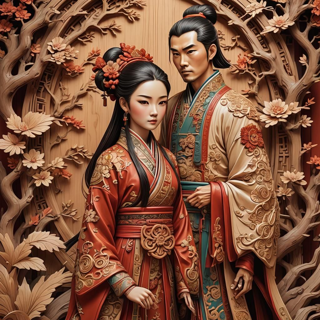 Dongyang Wood Carving: Traditional Couple in Anime Style