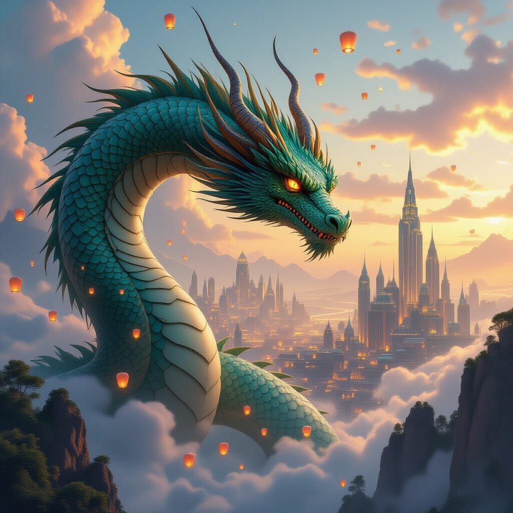 Jade Dragon Coils Around Utopian Metropolis