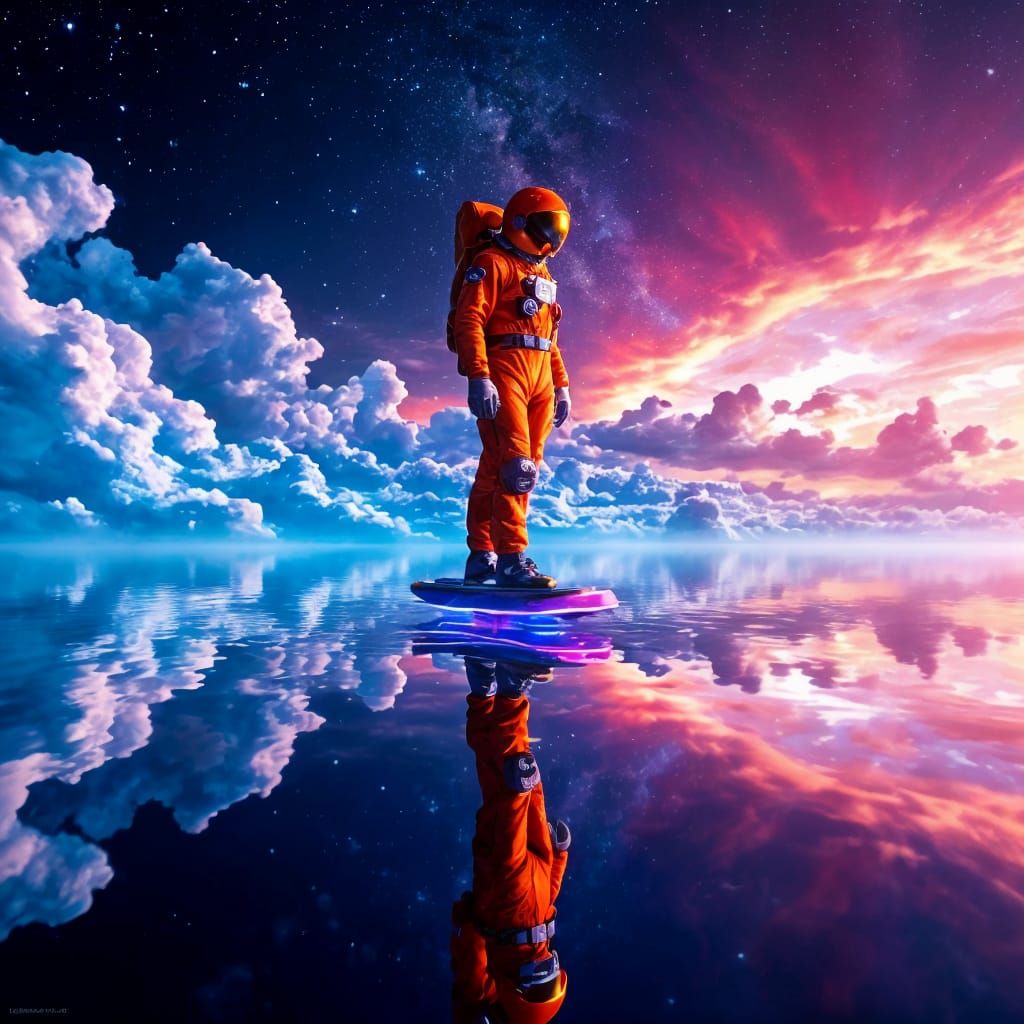Astronaut Surfs on Cosmic Hoverboard Above Glittering Galact...