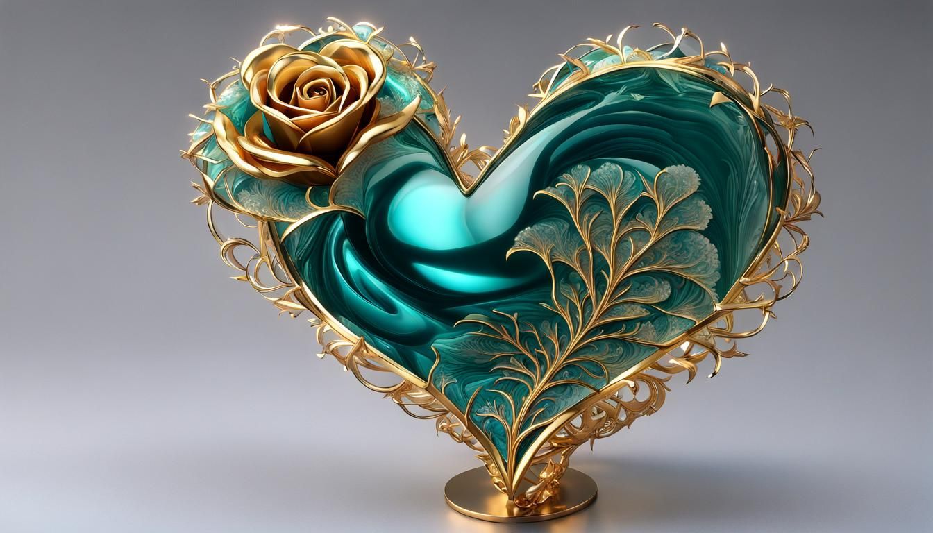 Teal Ice Rose with Gold Fractal Trim