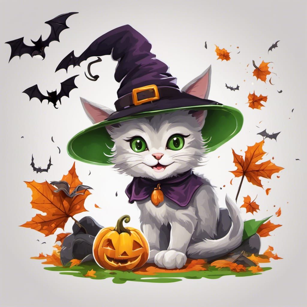 Halloween Kitten Cartoon with Bats and Witch Hat