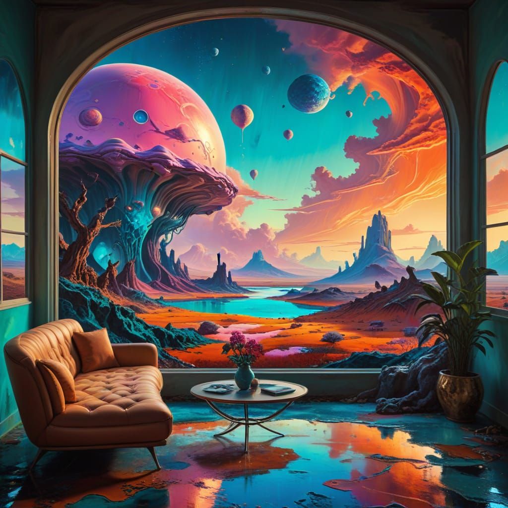 Retro-Future Living Room with Alien Landscape, Surreal Art