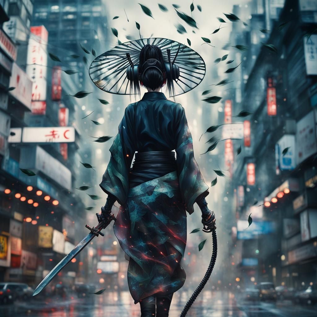 Geisha Cyborg with Samurai Sword in Tokyo