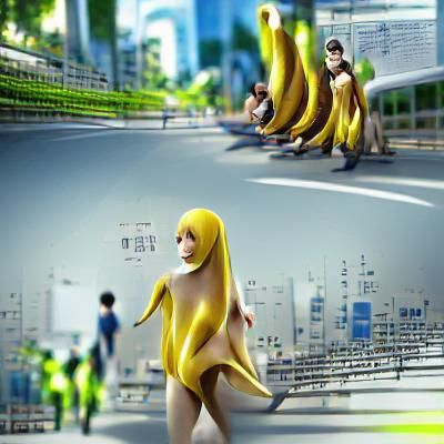 Humanoid Banana Rendered in 3D Anime Style