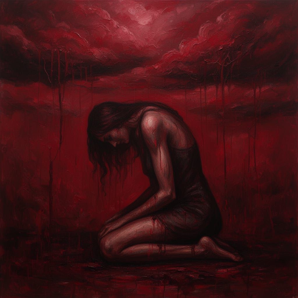 Woman Consumed by Shadow in Crimson Storm