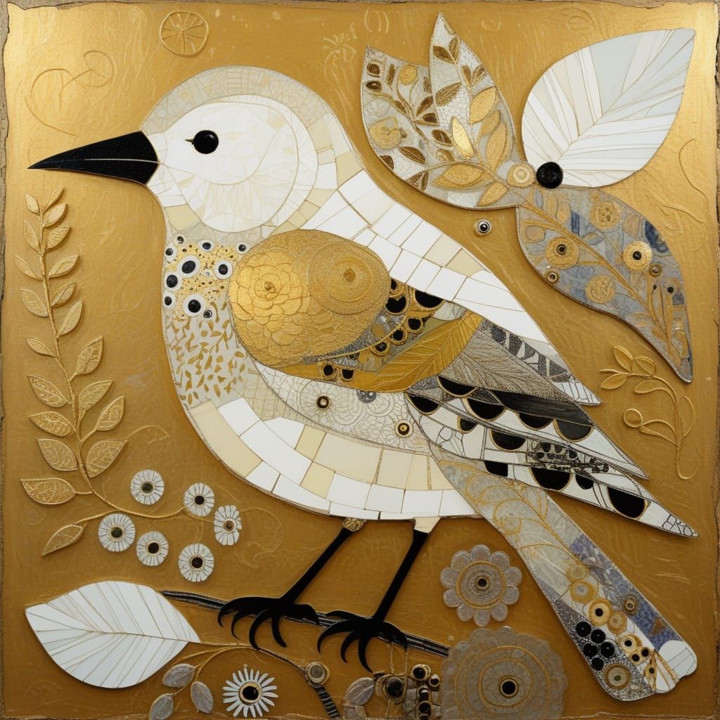 Bird in Mixed Media with Gold and White Palette