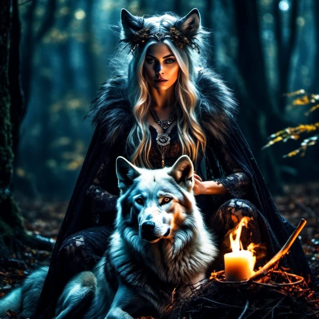 Wolf Witch Ritual in Mystical Forest