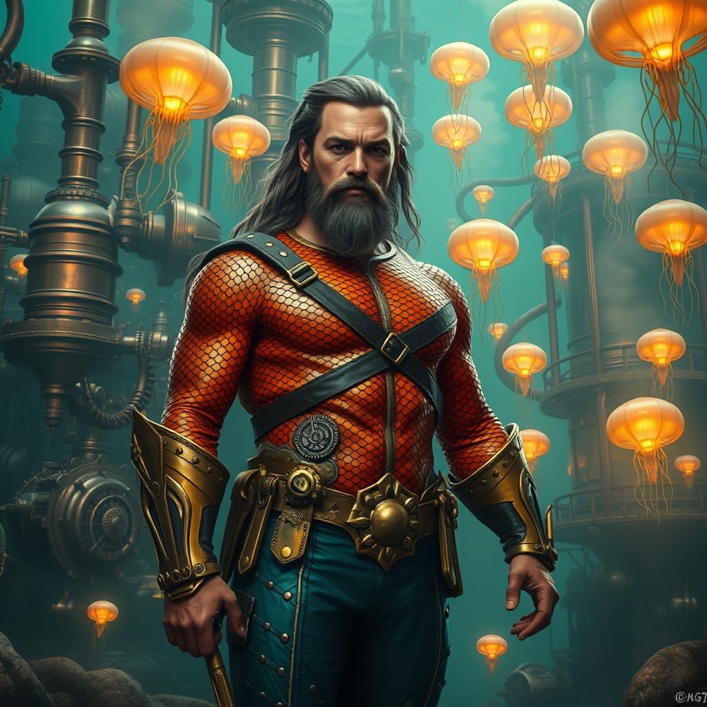 Steampunk Aquaman in Majestic Underwater Metropolis
