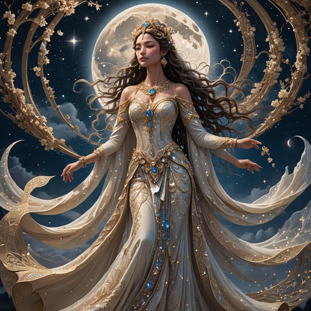 Radiant Moon Goddess in Fantasy Landscape