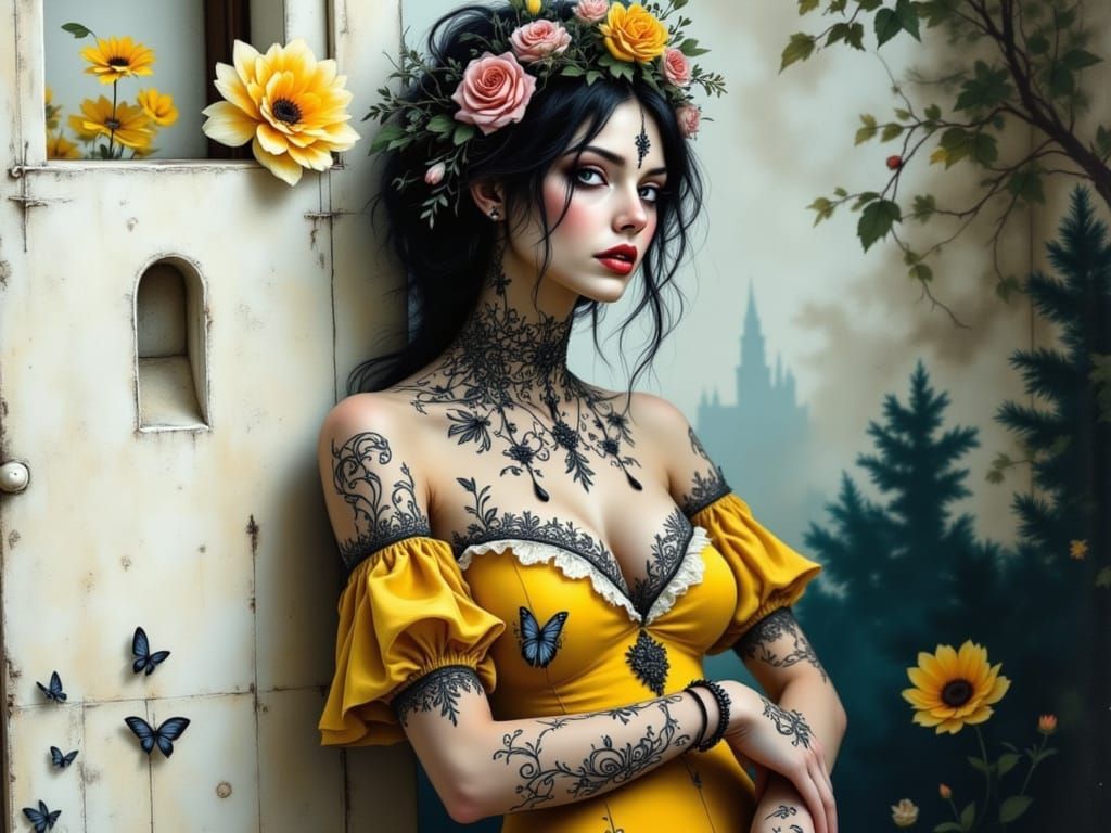 Surreal Model Smiles Through Dark Fashion