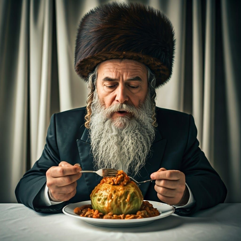 Enthusiastic Hasidic Man Enjoys Stuffed Cabbage