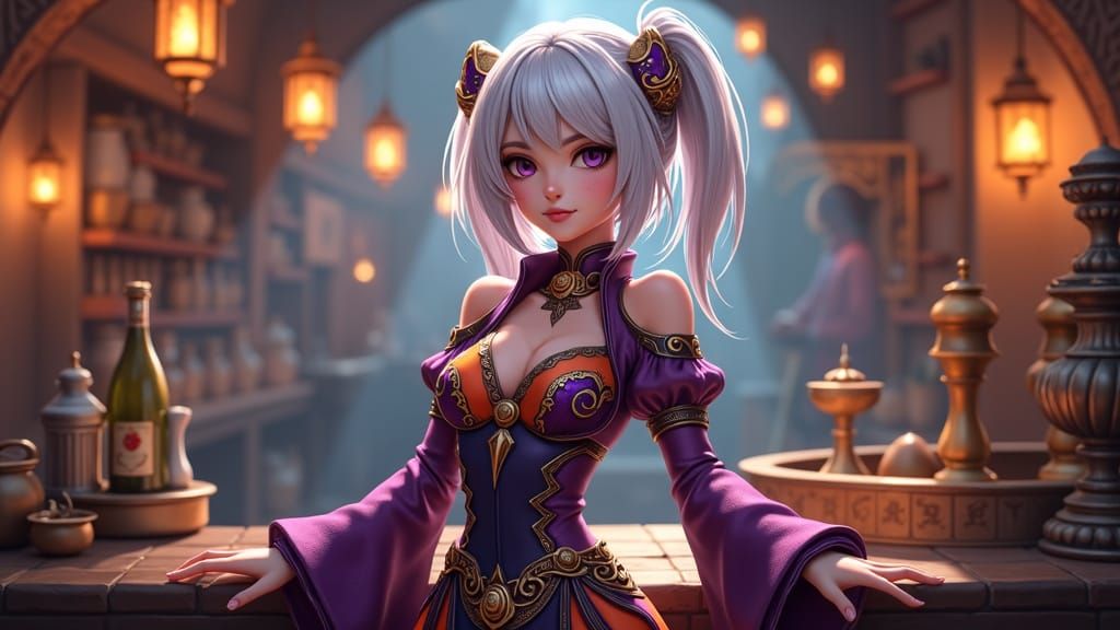 Pale Tavern Keeper with Pixelcut Hair and Vibrant Outfit