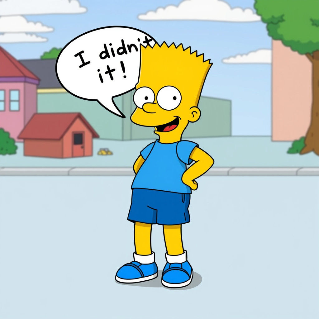 Bart Simpson happy saying "I didn't do it!" in speech bubble, cute , The Simpsons by Matt Groening, blue shorts, blue sh...