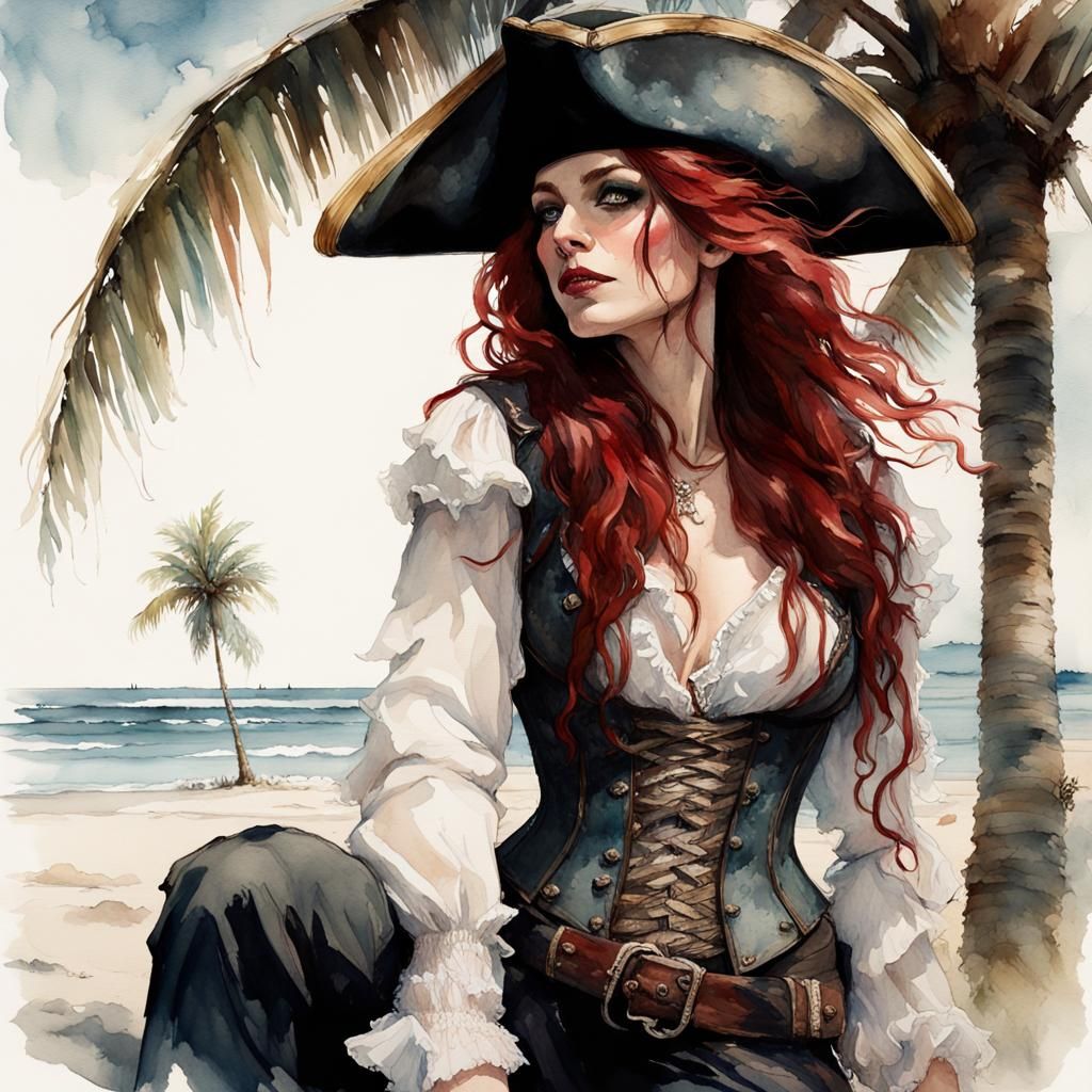 Goddess Pirate Relaxation: Watercolor and Ink Painting