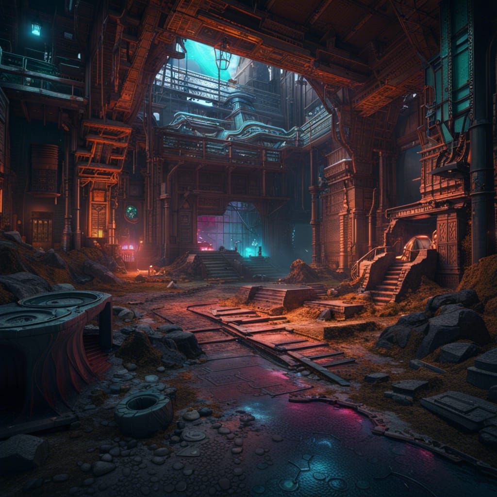Neon Cyberpunk Fantasy Archaeological Dig Site