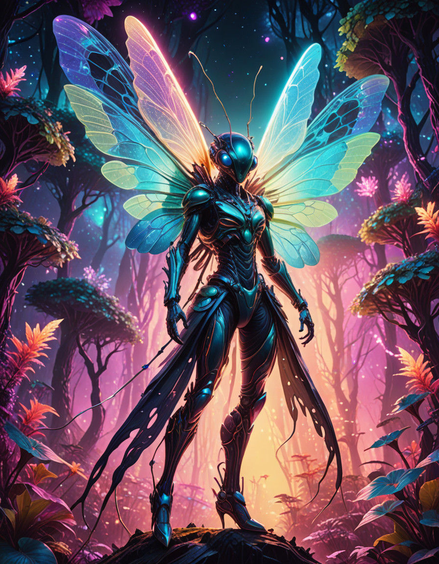 Ethereal Biopunk Alien in Vibrant, Dreamlike Landscape