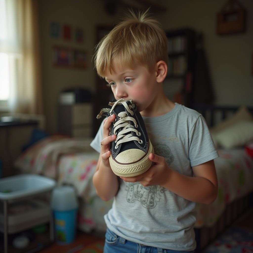 Boy Sniffing Sneaker in Messy Room