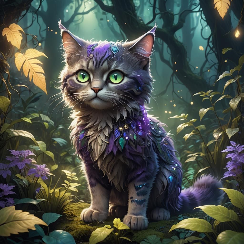 Cute Iridescent Cat in Mystic Forest Concept Art
