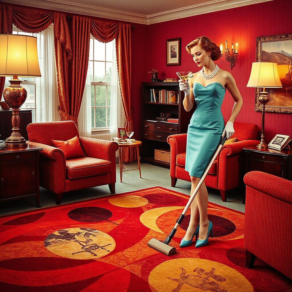 Retro 1950s Pin-Up Woman Vacuuming